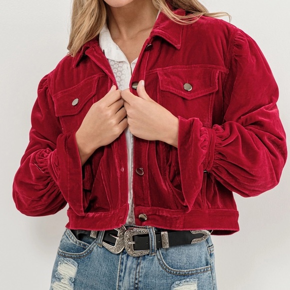 Velvet Puff Peet Sleeve Button Up Crop Jacket in Red - Picture 2 of 7